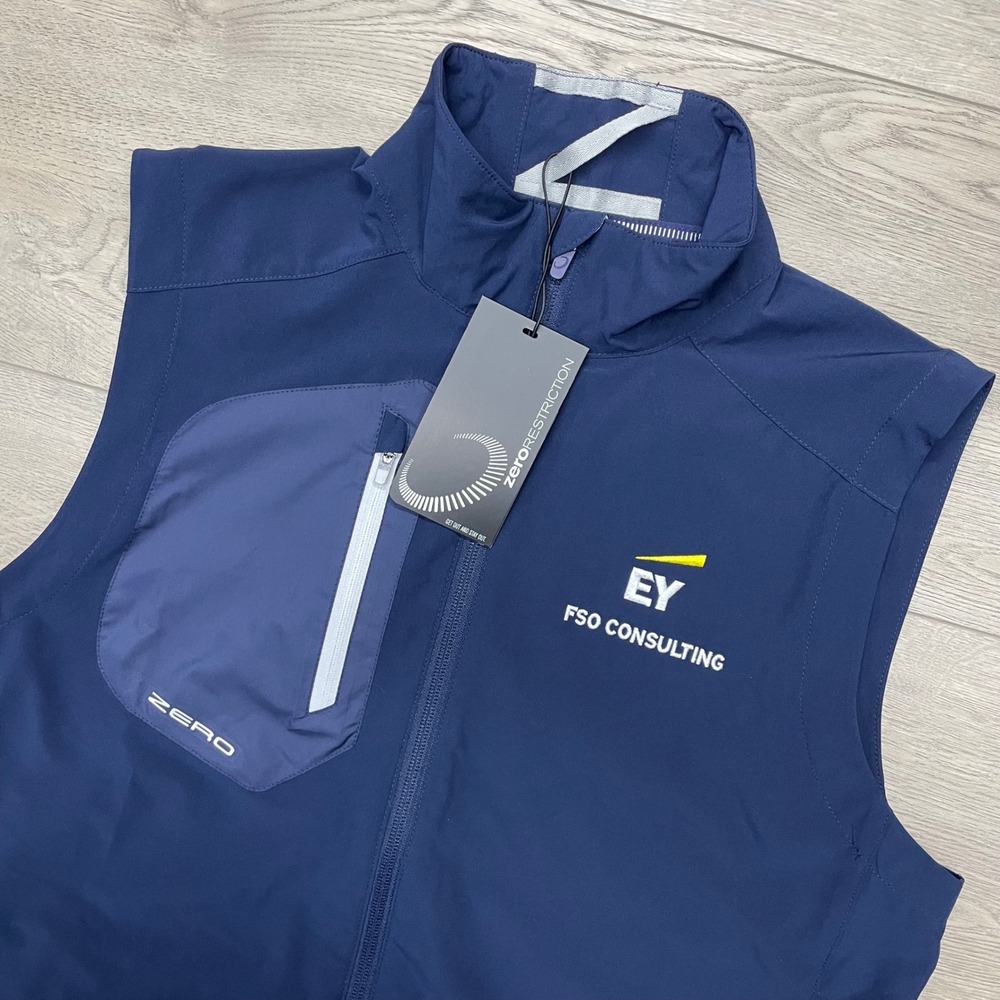 Zero Restriction Z700 Full Zip Vest Mens Small Navy EY FSO Consulting Golf Prep
